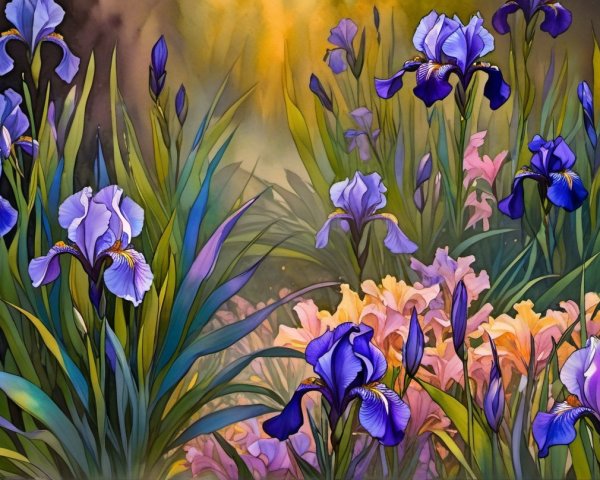 Vibrant Garden Scene with Elegant Irises and Colors