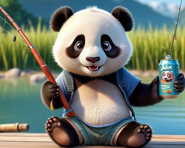 Cartoon Panda by Lake with Fishing Rod and Soda