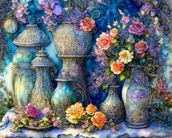 Still Life of Decorative Vases with Flowers