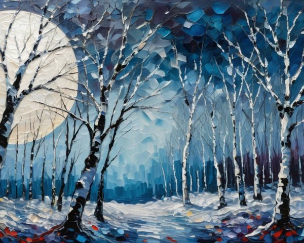 Serene Winter Landscape with Moonlit Trees and Snow