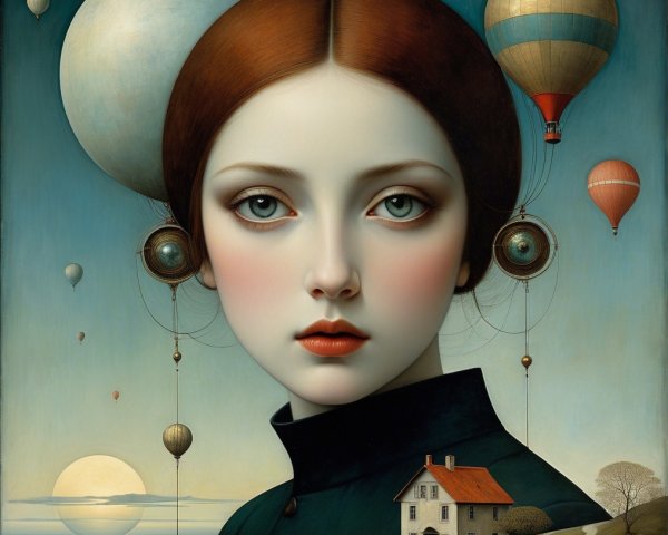 Surreal Portrait of a Young Woman with Hot Air Balloons