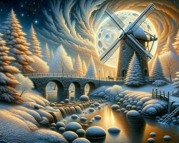 Dreamy Winter Landscape with Windmill and River