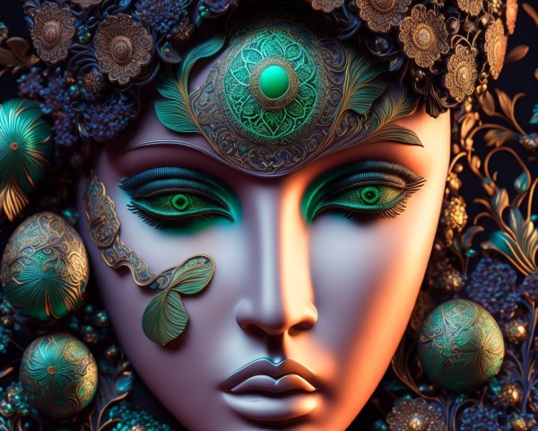 Surreal Ornate Face with Floral Patterns and Colors