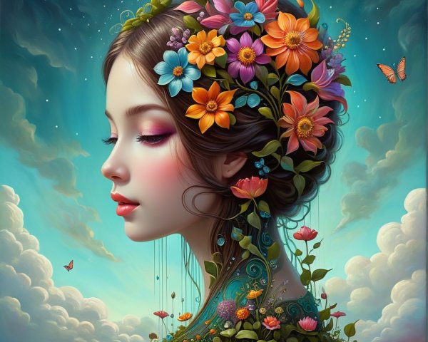 Surreal Portrait of Woman with Flowers and Butterflies