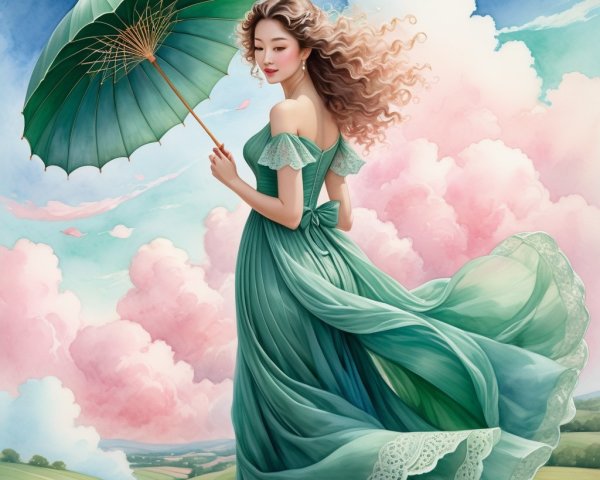 Graceful Woman with Parasol in Serene Landscape