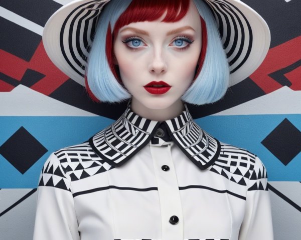 Woman with Colorful Hair Against Geometric Wall