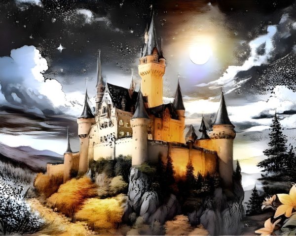 Majestic castle on a hill under a starry night sky