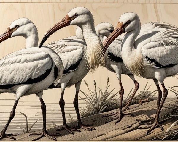 Illustration of Three Elegant Storks by Water