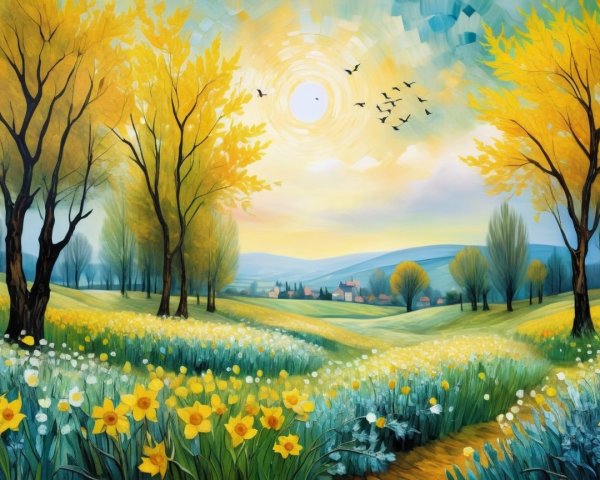 Vibrant Spring Landscape with Daffodils and Village