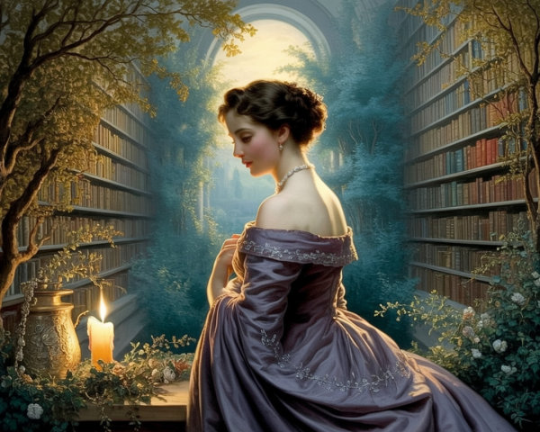 Elegant Woman in Lavender Gown in Tranquil Library