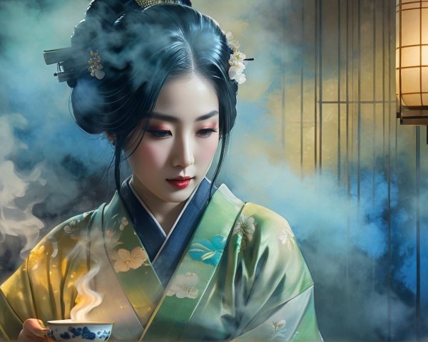 Serene Woman in Traditional Attire with Steaming Cup