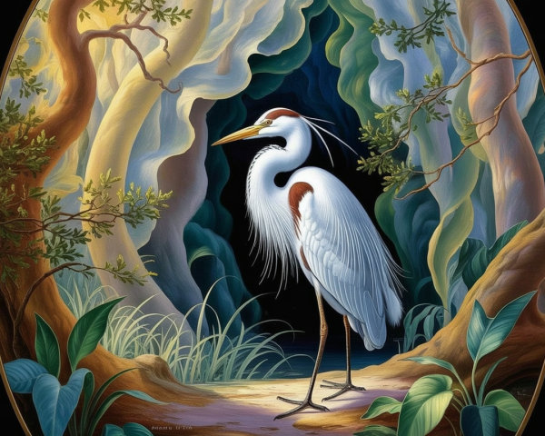 Majestic heron in tranquil forest scene with foliage