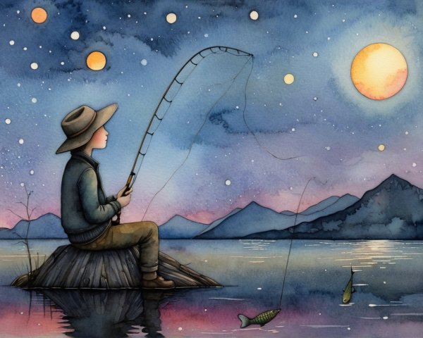 Serene Night Scene of Fisherman on Tranquil Lake