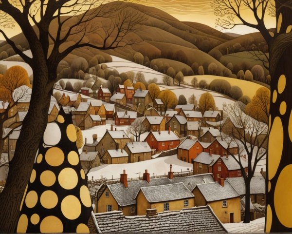 Winter Landscape with Village and Snowy Hills