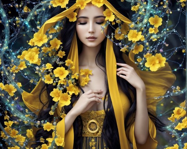 Serene Woman in Golden-Yellow Gown Among Flowers