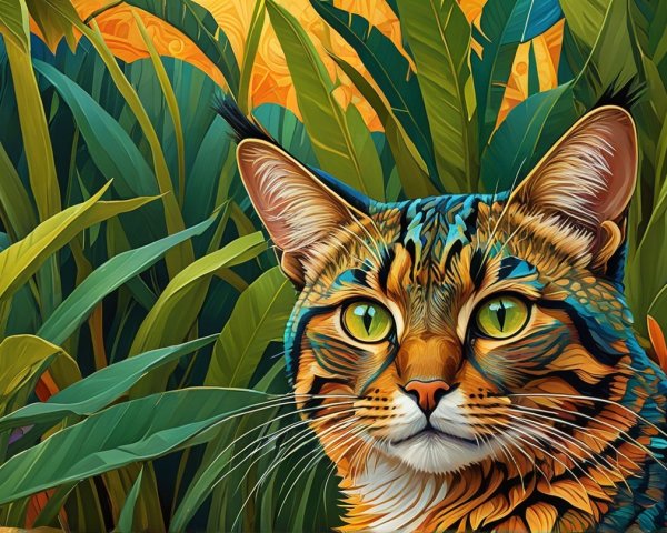 Vividly Painted Cat in Tropical Jungle Setting