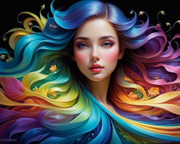 Ethereal girl with vibrant hair and whimsical flowers