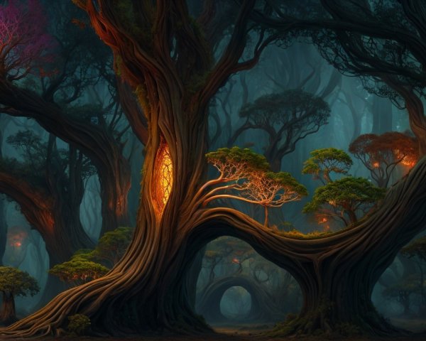 Mystical Forest with Gnarled Trees and Glowing Elements