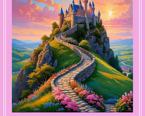 Majestic castle atop hill during vibrant sunset