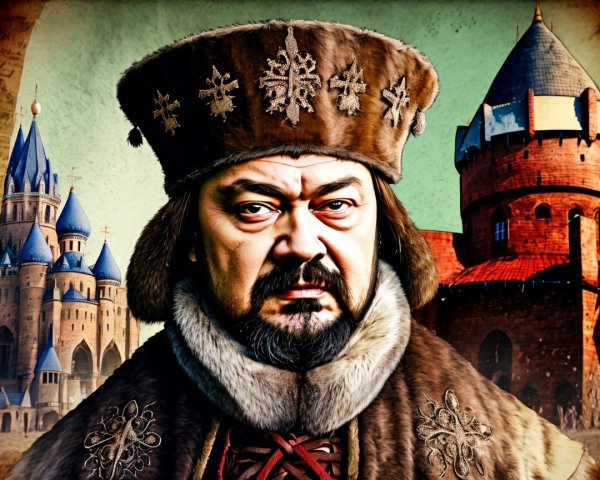 Regal Figure in Ornate Fur Hat and Cloak Amid Castles