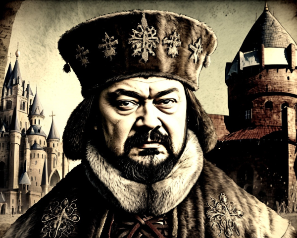 Regal Figure in Ornate Fur Hat and Cloak Amid Castles