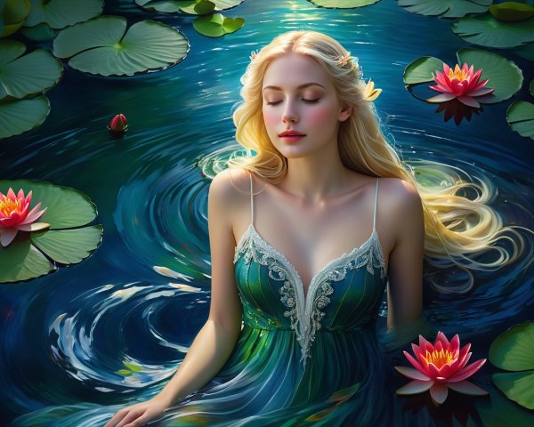Young Woman in Elegant Dress in Tranquil Pond Scene