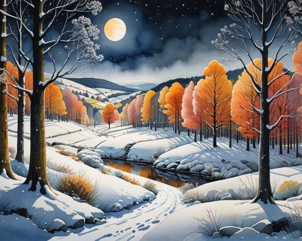 Serene winter landscape with snow, trees, and river