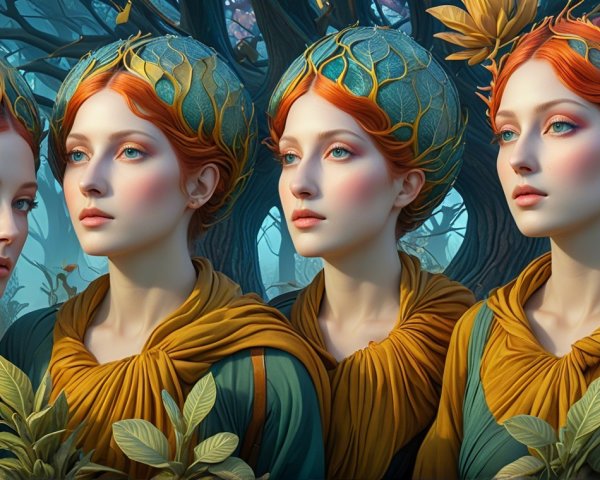 Ethereal Women in Mystical Forest with Golden Headpieces