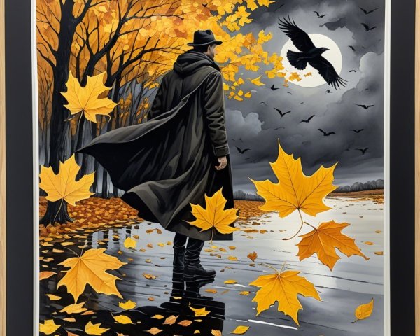 Solitary Figure by a Serene Lake in Autumn Setting