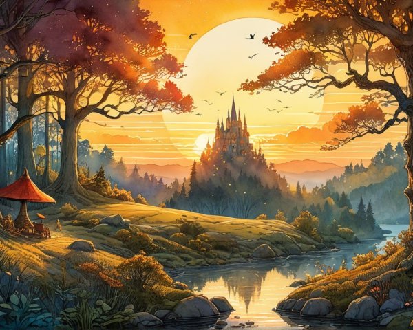 Vibrant Sunset Over Tranquil River and Castle Landscape