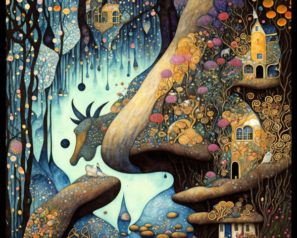 Whimsical Landscape with Oversized Mushrooms and Houses