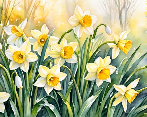 Watercolor Daffodils in a Tranquil Spring Scene