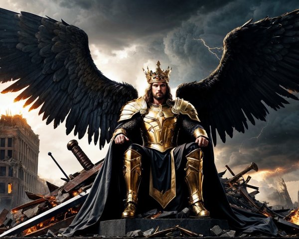 Majestic Figure on Throne Amidst Ruins and Stormy Skies