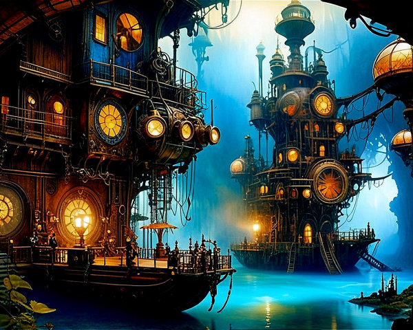 Intricate Steampunk Scene with Clock Towers and Ships