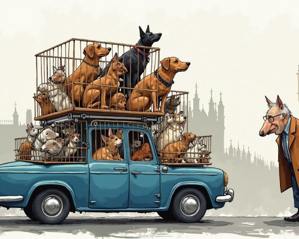 Elderly Man with Pig Face and Vintage Car in London