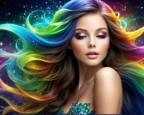 Woman with Rainbow Hair Against Cosmic Background