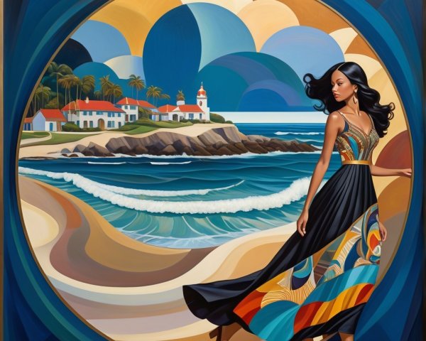 Vibrant Painting of Woman on Beach with Coastal Scene
