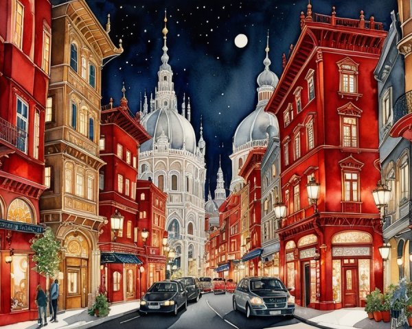 Vibrant Nighttime Cityscape with Red Brick Buildings