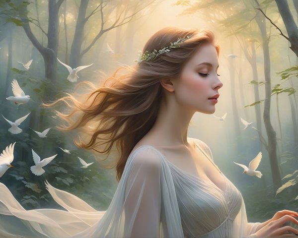 Young woman in serene forest with doves and mist