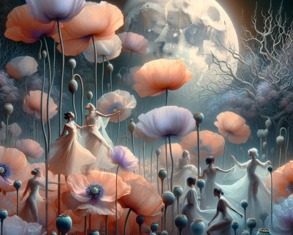 Dreamlike Landscape with Ethereal Figures and Poppies