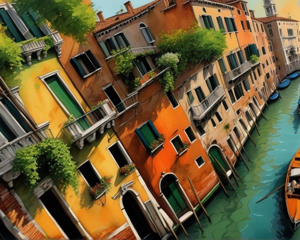 Vibrant Canal Scene with Colorful Venetian Architecture