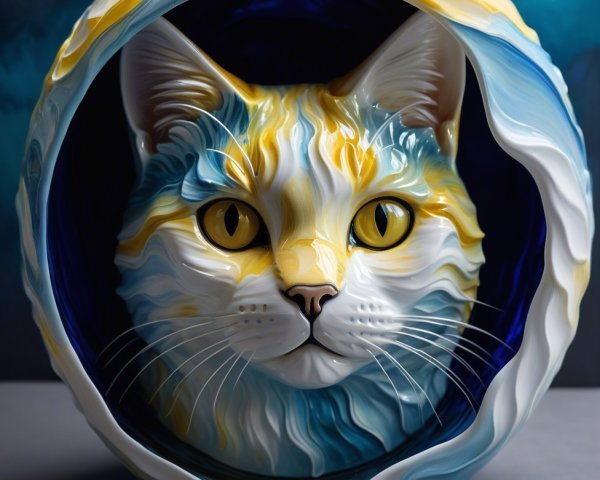 Iridescent Cat Bust Sculpture with Glossy Paint Details