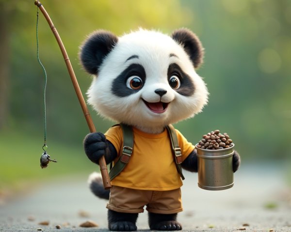 Cartoon Panda Character on Sunlit Path with Fishing Rod