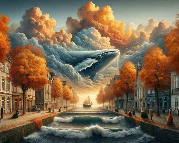 Whale Swimming Through Autumn Clouds Over Canal Scene