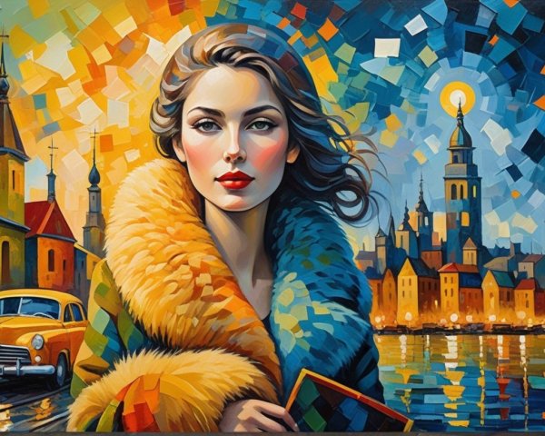 Portrait of a Woman with Colorful Cityscape Background