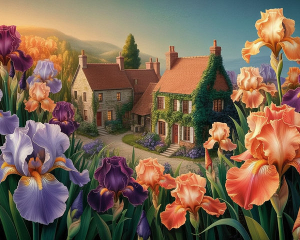 Serene English Countryside Cottage with Vibrant Irises