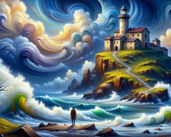 Vibrant Lighthouse Landscape with Dynamic Waves and Clouds