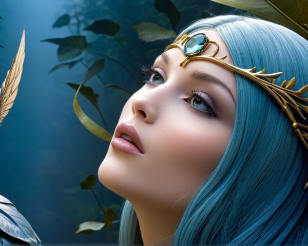Ethereal Women with Blue Hair in Mystical Forest