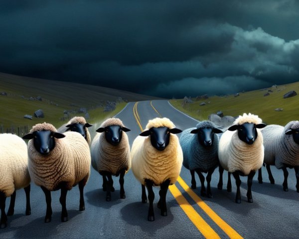 Sheep on Winding Road Under Dramatic Night Sky