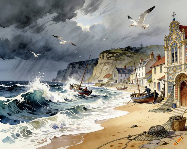 Stormy Beach Scene with Waves and Fishing Village